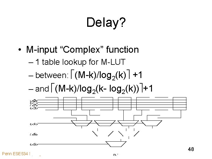 Delay? • M-input “Complex” function – 1 table lookup for M-LUT – between: (M-k)/log