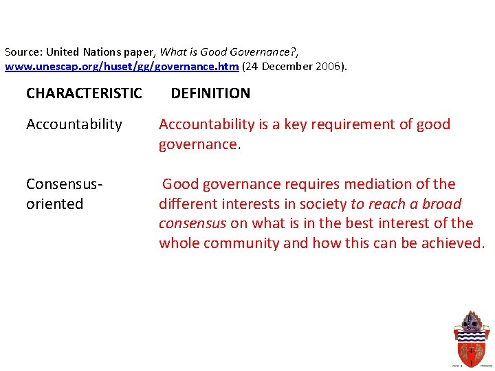 Source: United Nations paper, What is Good Governance? , www. unescap. org/huset/gg/governance. htm (24
