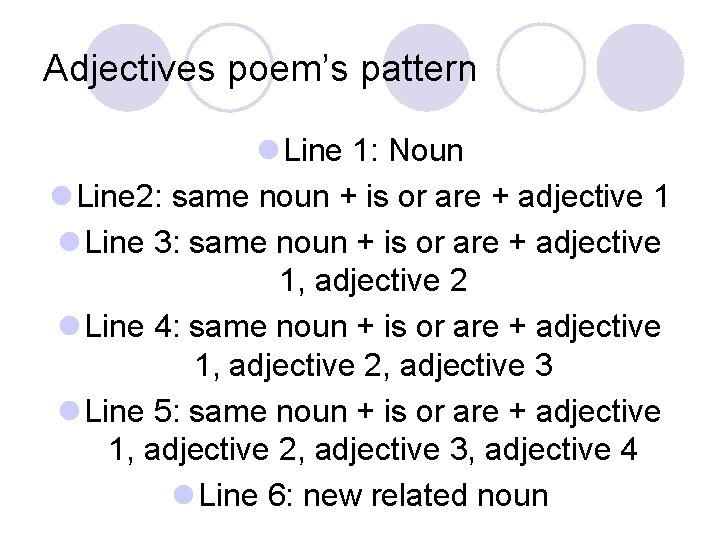 Adjectives poem’s pattern l Line 1: Noun l Line 2: same noun + is