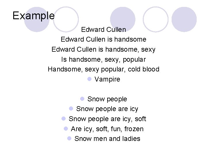 Example Edward Cullen is handsome, sexy Is handsome, sexy, popular Handsome, sexy popular, cold