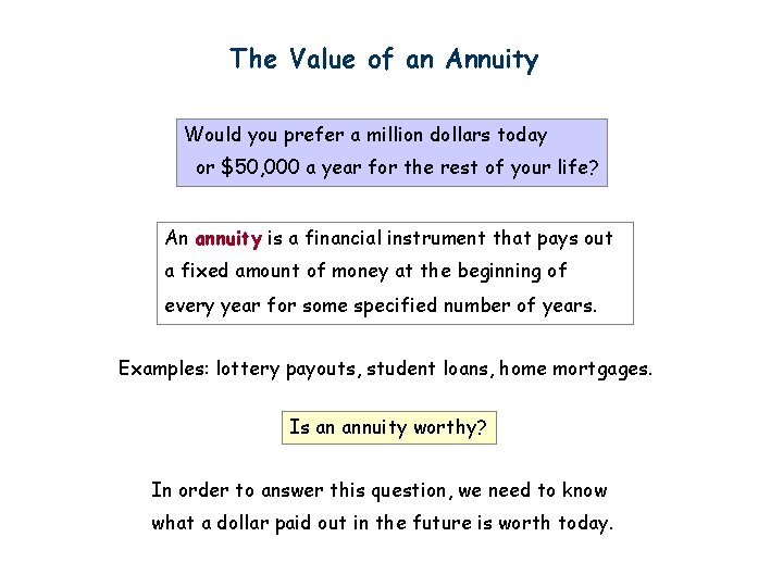 The Value of an Annuity Would you prefer a million dollars today or $50,