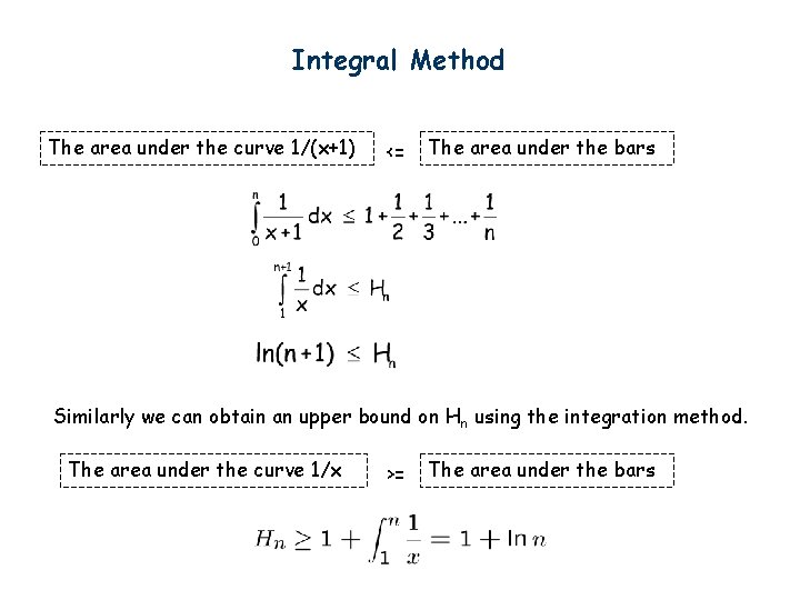 Integral Method The area under the curve 1/(x+1) <= The area under the bars