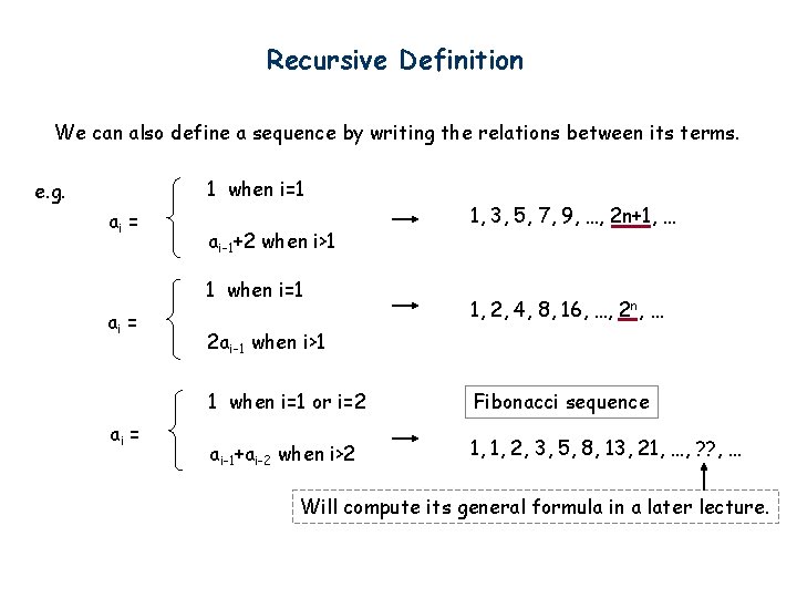 Recursive Definition We can also define a sequence by writing the relations between its
