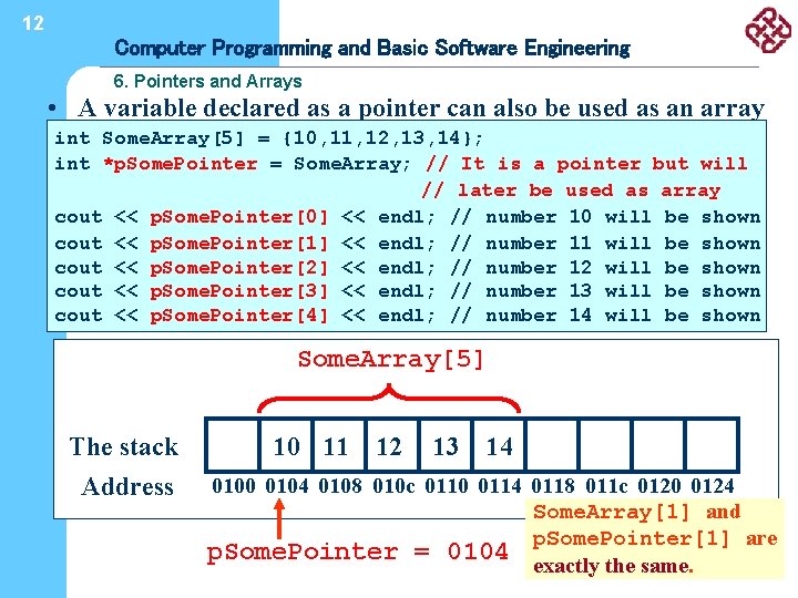12 Computer Programming and Basic Software Engineering 6. Pointers and Arrays • A variable