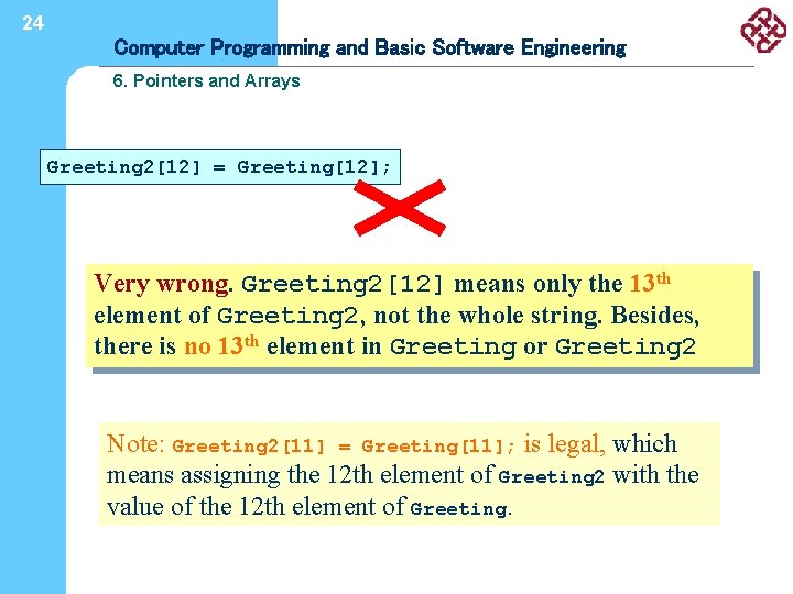 24 Computer Programming and Basic Software Engineering 6. Pointers and Arrays Greeting 2[12] =