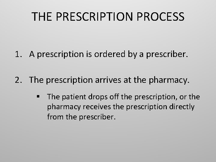 THE PRESCRIPTION PROCESS 1. A prescription is ordered by a prescriber. 2. The prescription