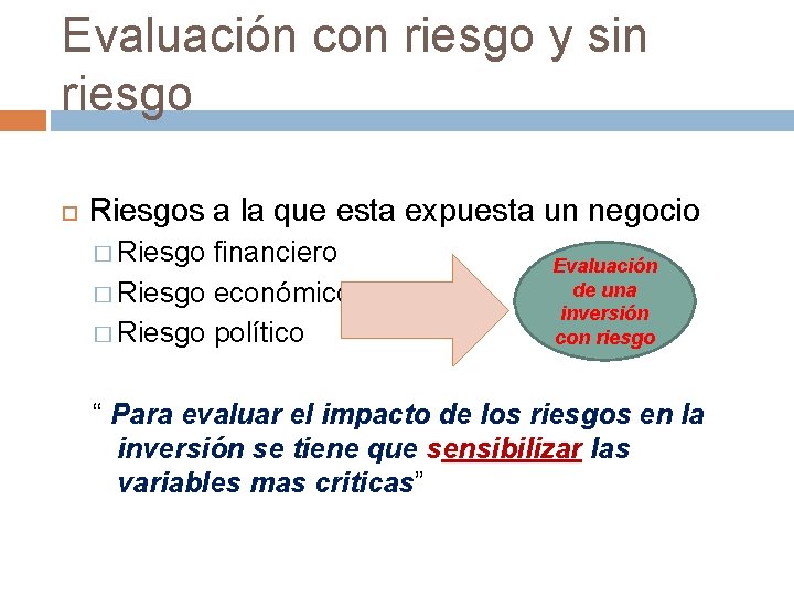 Evaluación con riesgo y sin riesgo Riesgos a la que esta expuesta un negocio