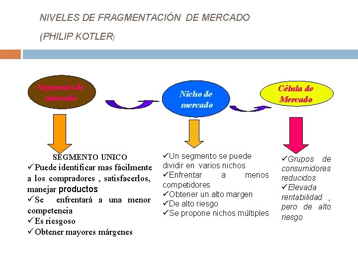 NIVELES DE FRAGMENTACIÓN DE MERCADO (PHILIP KOTLER) Segmento de mercado SEGMENTO UNICO üPuede identificar