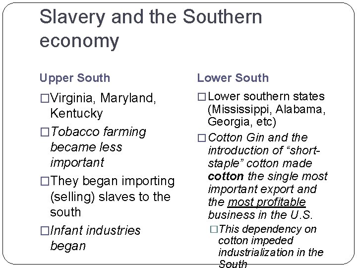 Slavery and the Southern economy Upper South Lower South �Virginia, Maryland, � Lower southern