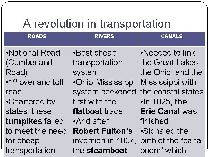 A revolution in transportation ROADS RIVERS CANALS • National Road (Cumberland Road) • 1