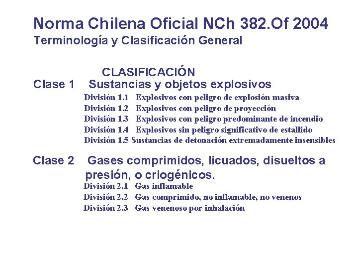 Norma Chilena Oficial NCh 382. Of 2004 Terminología y Clasificación General Clase 1 CLASIFICACIÓN