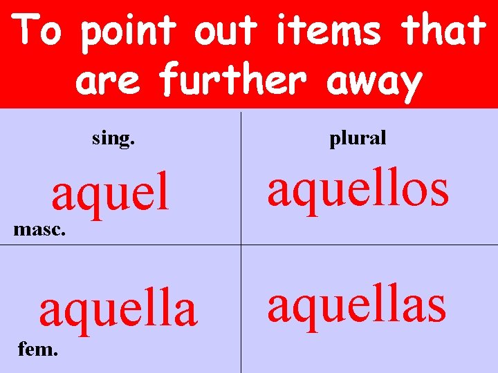 To point out items that are further away sing. plural aquellos aquellas masc. fem.