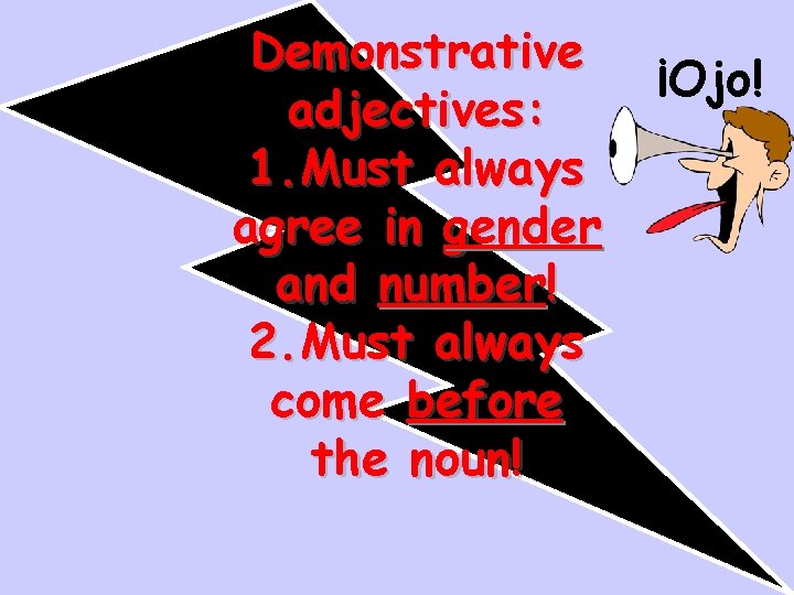 Demonstrative adjectives: 1. Must always agree in gender and number! 2. Must always come