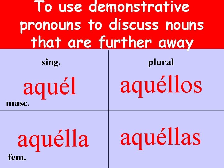 To use demonstrative pronouns to discuss nouns that are further away sing. plural aquéllos