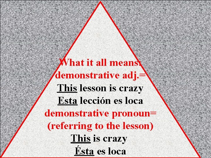 What it all means: demonstrative adj. = This lesson is crazy Esta lección es
