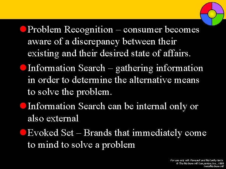 l Problem Recognition – consumer becomes aware of a discrepancy between their existing and