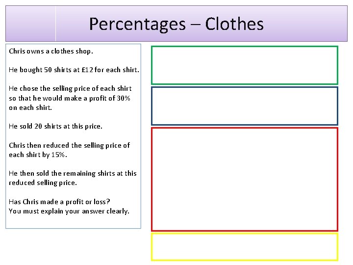 Percentages – Clothes Chris owns a clothes shop. He bought 50 shirts at £