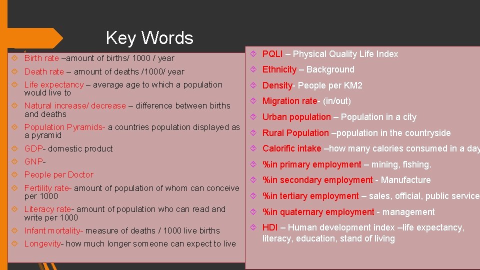 Key Words Birth rate –amount of births/ 1000 / year PQLI – Physical Quality