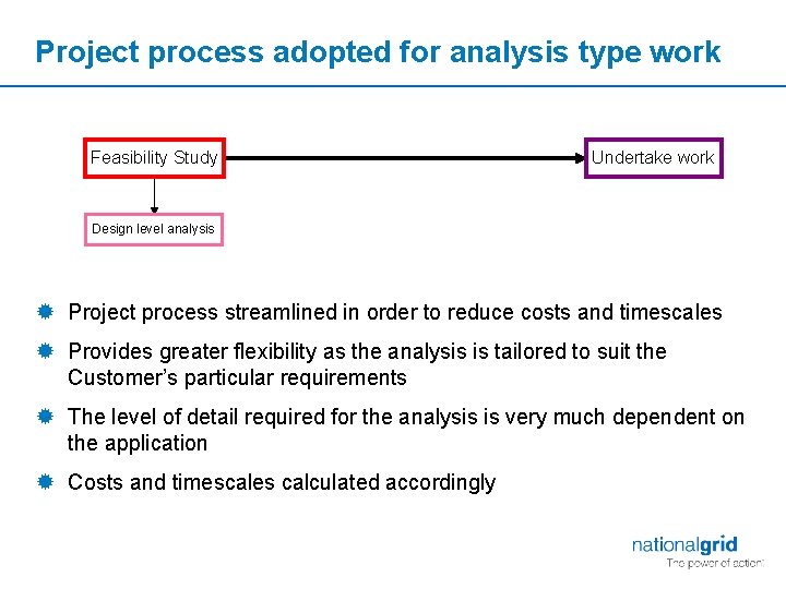Project process adopted for analysis type work Feasibility Study Undertake work Design level analysis
