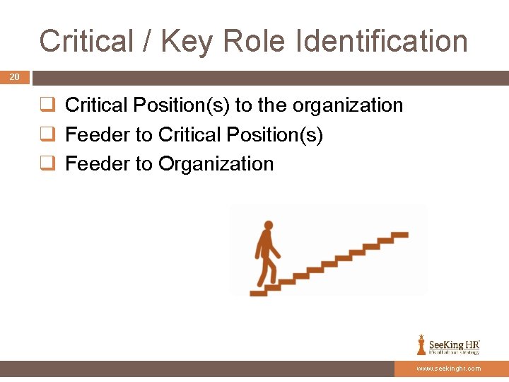 Critical / Key Role Identification 20 q Critical Position(s) to the organization q Feeder