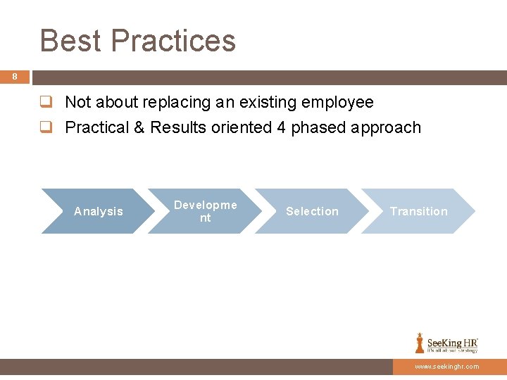Best Practices 8 q Not about replacing an existing employee q Practical & Results