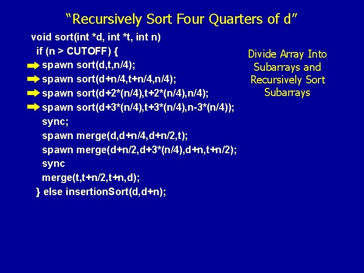 “Recursively Sort Four Quarters of d” void sort(int *d, int *t, int n) if