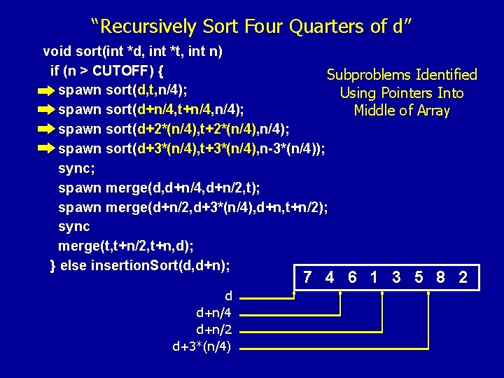 “Recursively Sort Four Quarters of d” void sort(int *d, int *t, int n) if