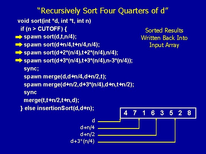 “Recursively Sort Four Quarters of d” void sort(int *d, int *t, int n) if