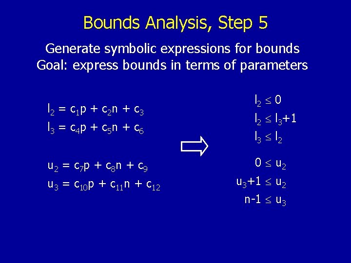 Bounds Analysis, Step 5 Generate symbolic expressions for bounds Goal: express bounds in terms