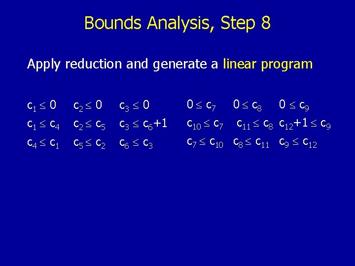 Bounds Analysis, Step 8 Apply reduction and generate a linear program c 1 0