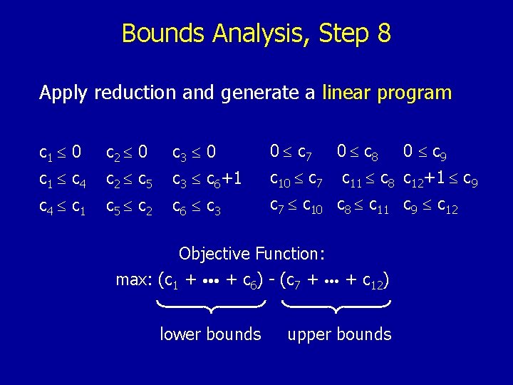 Bounds Analysis, Step 8 Apply reduction and generate a linear program c 1 0