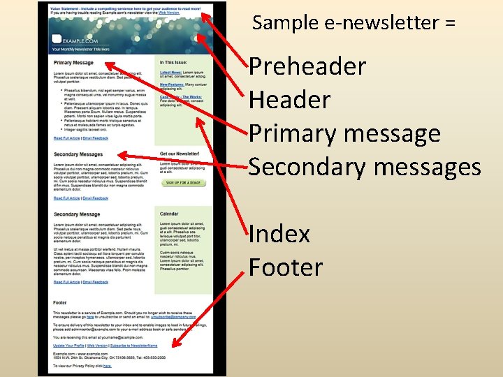 Sample e-newsletter = Preheader Header Primary message Secondary messages Index Footer 