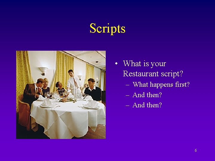 Scripts • What is your Restaurant script? – What happens first? – And then?