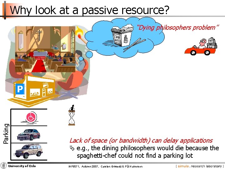 Why look at a passive resource? Parking “Dying philosophers problem” Lack of space (or