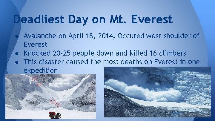 Deadliest Day on Mt. Everest ● Avalanche on April 18, 2014; Occured west shoulder