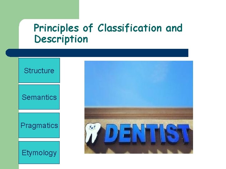 Principles of Classification and Description Structure Semantics Pragmatics Etymology Denta Clinic Smile!) 