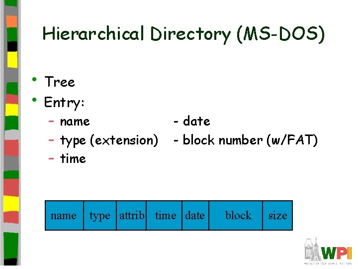 Hierarchical Directory (MS-DOS) • Tree • Entry: – name – type (extension) – time