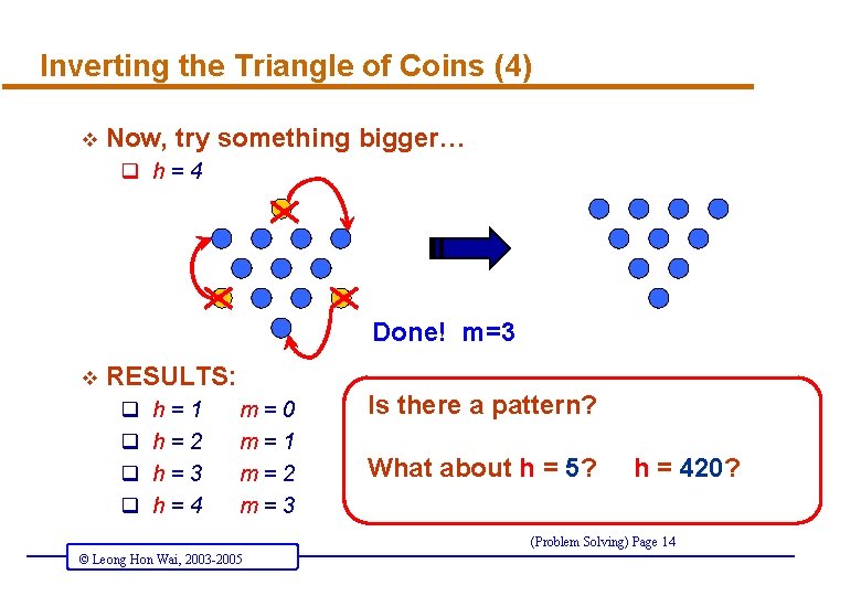 Inverting the Triangle of Coins (4) v Now, try something bigger… q h=4 Done!