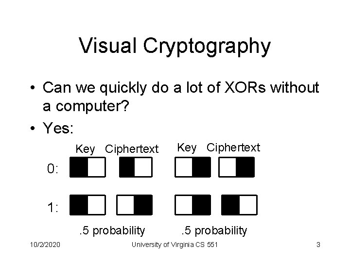 Visual Cryptography • Can we quickly do a lot of XORs without a computer?