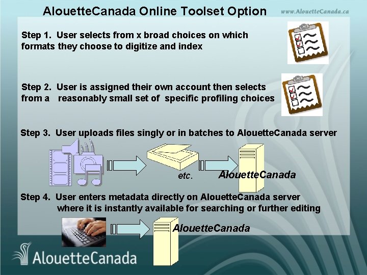 Alouette. Canada Online Toolset Option Step 1. User selects from x broad choices on