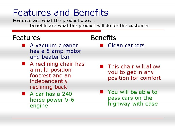 Features and Benefits Features are what the product does… benefits are what the product