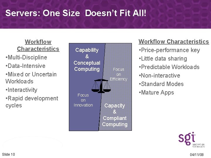 Servers: One Size Doesn’t Fit All! Workflow Characteristics • Multi-Discipline • Data-Intensive • Mixed
