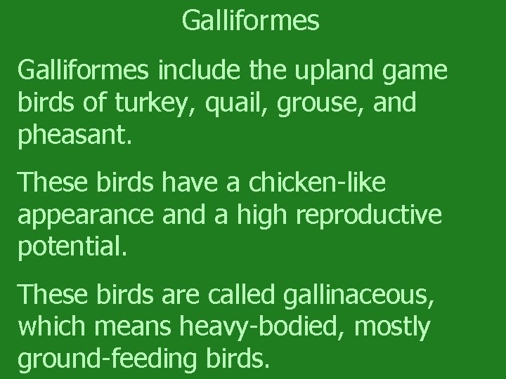 Galliformes include the upland game birds of turkey, quail, grouse, and pheasant. These birds