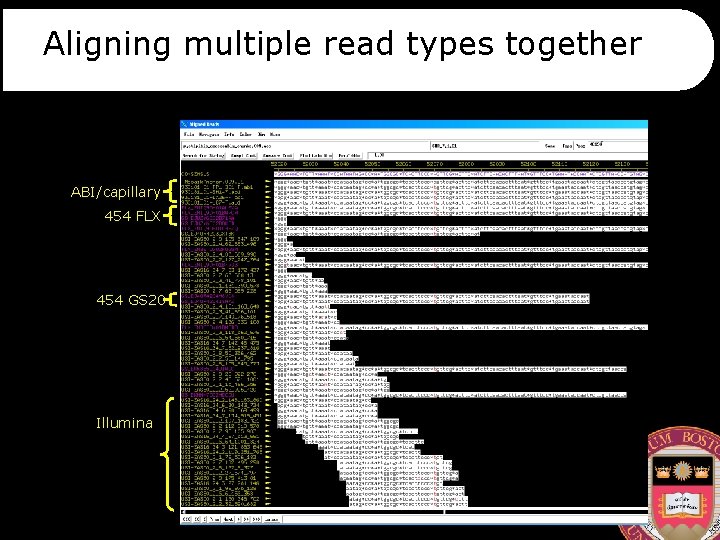 Aligning multiple read types together ABI/capillary 454 FLX 454 GS 20 Illumina 