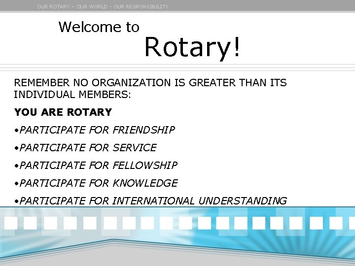 OUR ROTARY – OUR WORLD - OUR RESPONSIBILITY Welcome to Rotary! REMEMBER NO ORGANIZATION