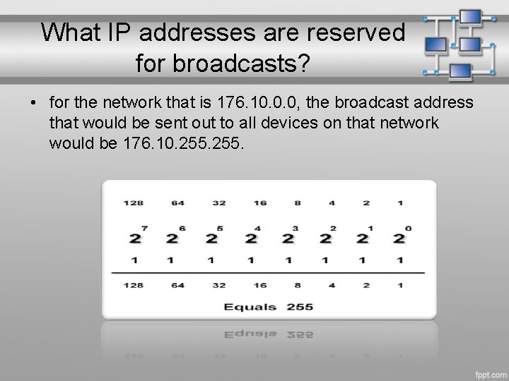 What IP addresses are reserved for broadcasts? • for the network that is 176.