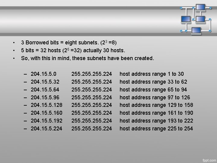  • • • 3 Borrowed bits = eight subnets. (23 =8) 5 bits