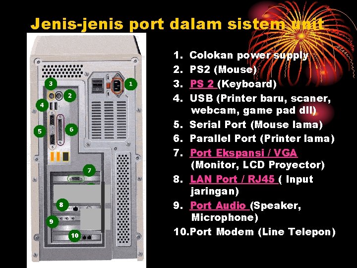 Jenis-jenis port dalam sistem unit 1. 2. 3. 4. 8 9 10 Colokan power
