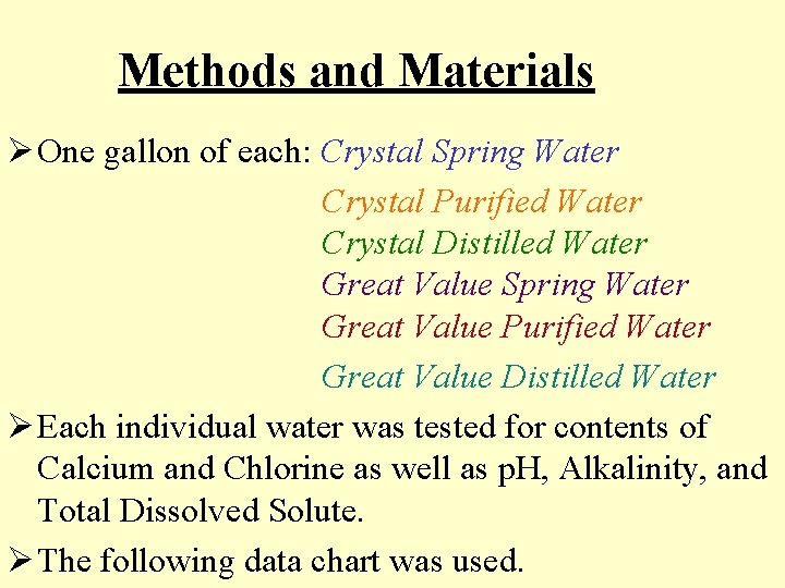 Methods and Materials Ø One gallon of each: Crystal Spring Water Crystal Purified Water