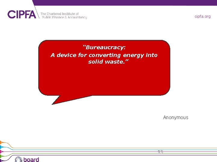 cipfa. org “Bureaucracy: A device for converting energy into solid waste. ” Anonymous 13